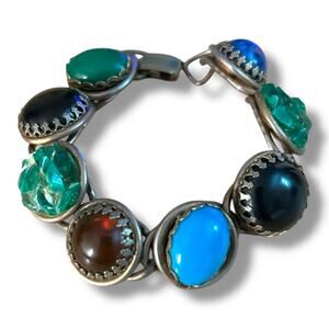 Vintage 1970s Silver Tone Faux Stone Cabochons Link Bracelet